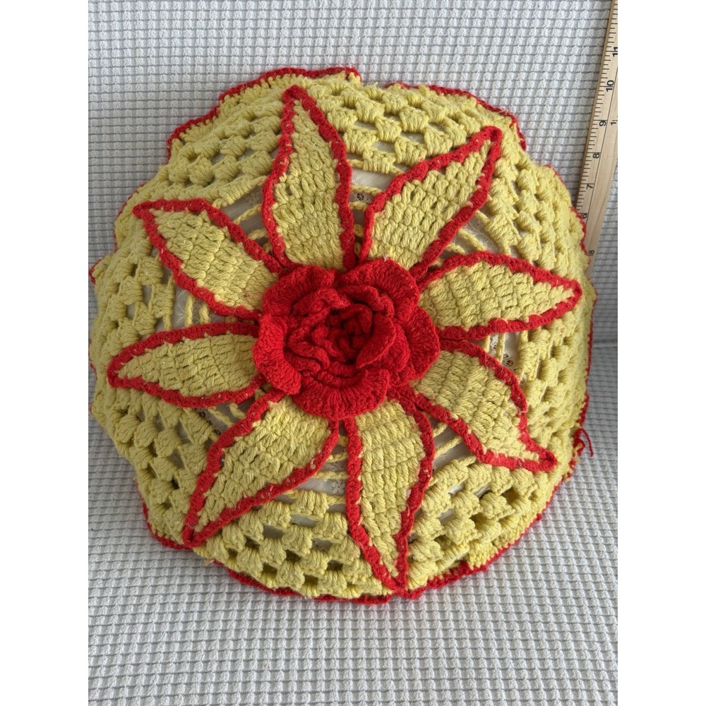 VTG Crochet Knit Round Pillow Granny MCM Double Sided Sunburst 16” Retro Read